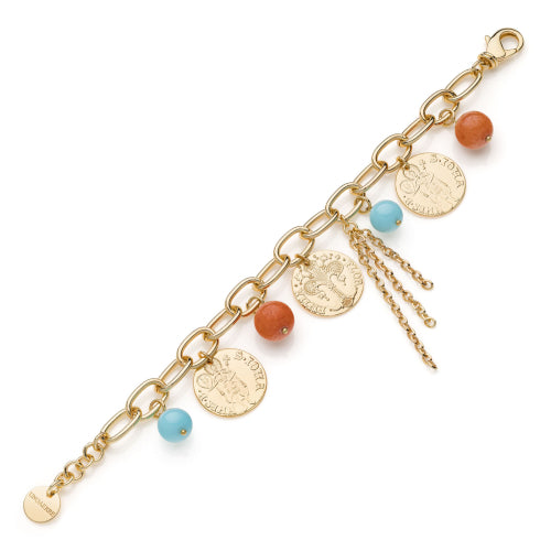 Bracciale con monete e perle corallo e turchese