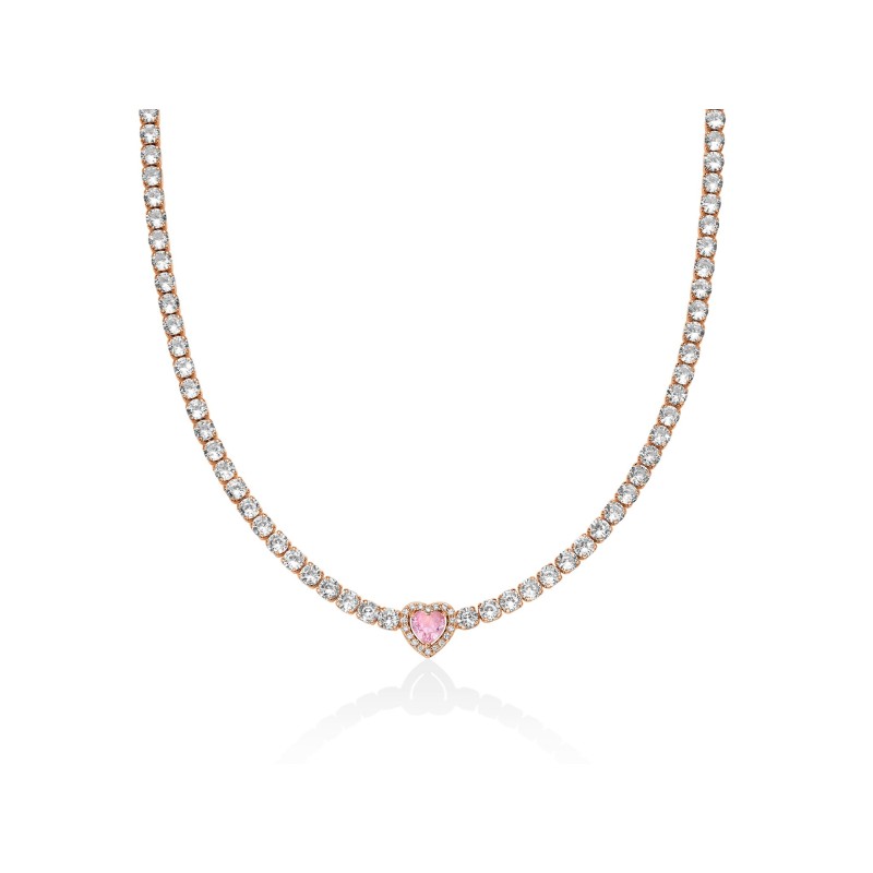 Collana Tennis pietre bianche base Rose Gold con cuore centrale rosa