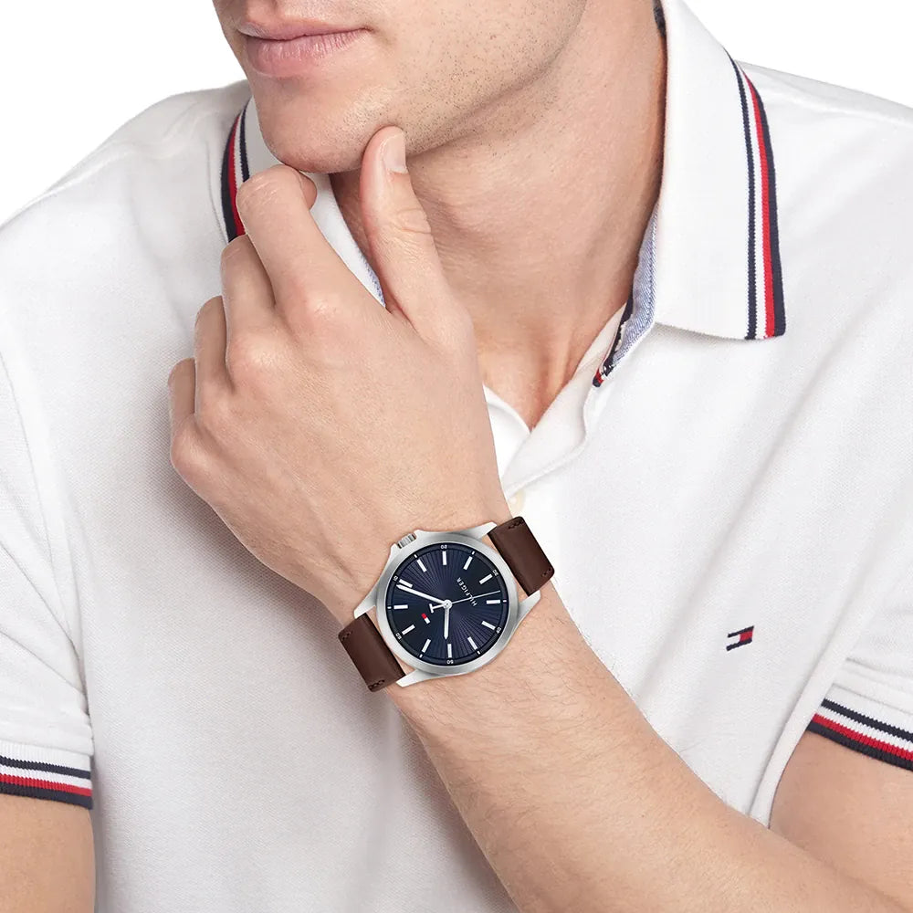 Orologio, al quarzo, Tommy Hilfiger, Bruce blu con cinturino marrone