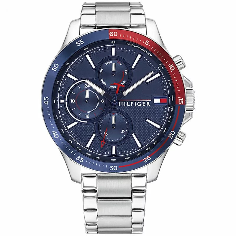 Orologio Tommy Hilfiger Uomo cassa e cinturino in acciaio con ghiera blu e rossa